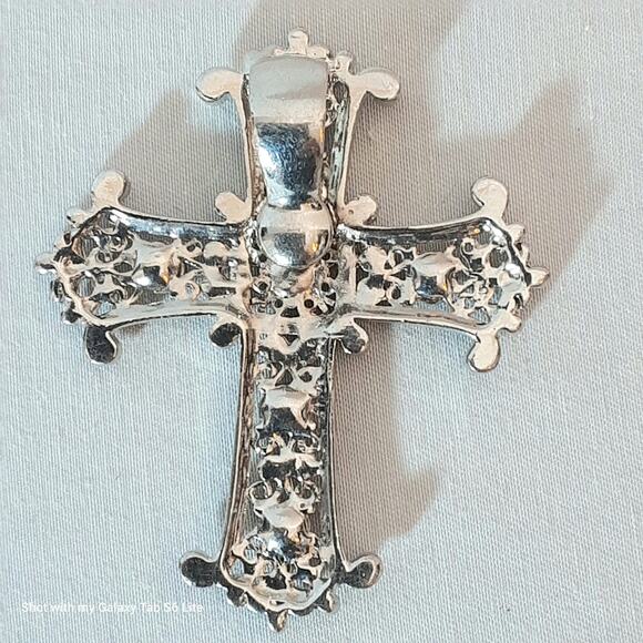 Ornate Silver Tone Cross Pendant Aurora Borealis Rhinestones - Picture 9 of 11